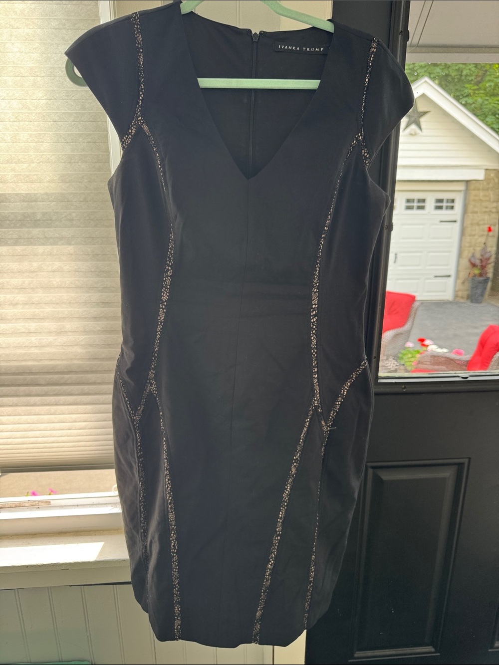 Ivanka Trump Black V-Neck Cap-Sleeve Sheath Dress with Lace Stitching